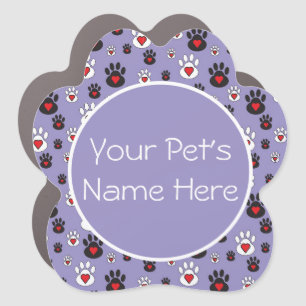 Black white Pawprints with hearts on blue Car Magnet