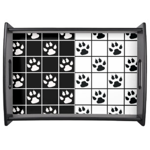 Black White Paws Claws Plaid Design Serving Tray
