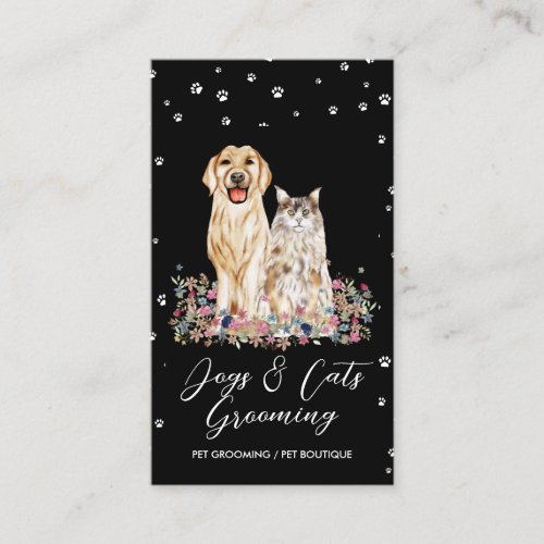 Black White Paws Watercolor Dogs Cats Pet Sitter Business Card