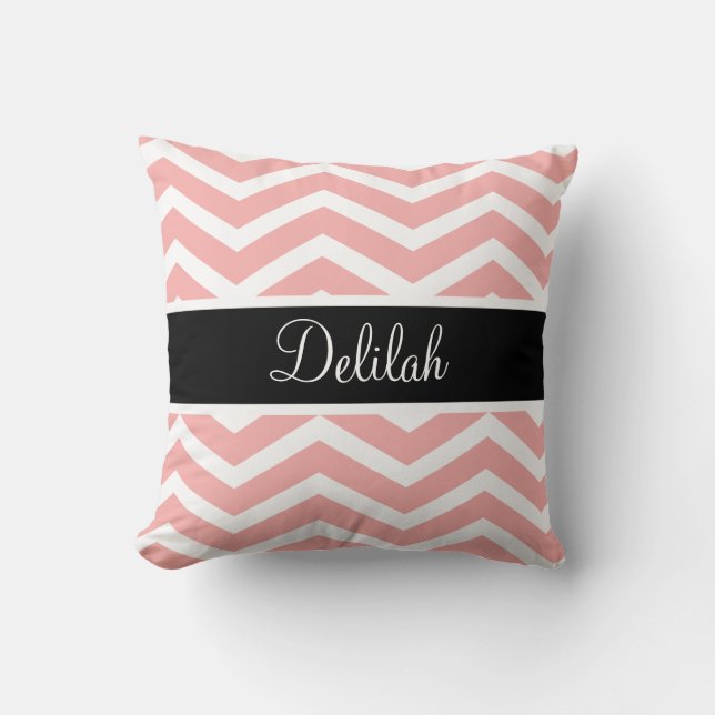 Black White Peach Chevron Name Throw Pillow (Front)