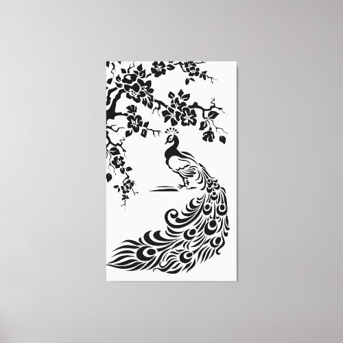 Black white peacock and cherry blossoms custom canvas print