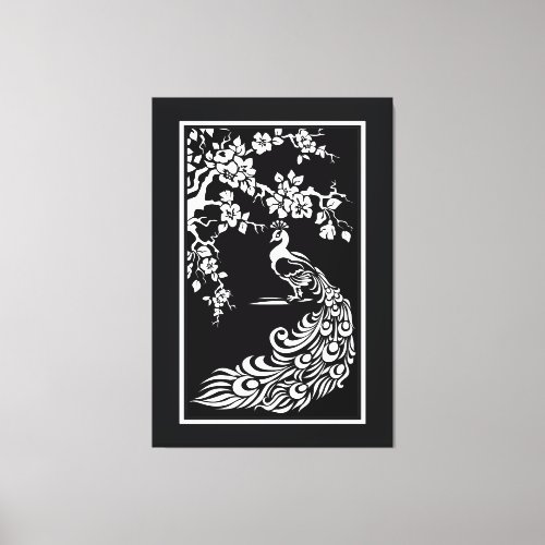 Black white peacock and cherry blossoms custom canvas print