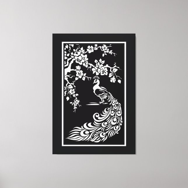 Black white peacock and cherry blossoms custom canvas print (Front)