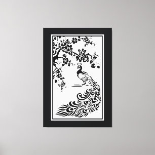 Black white peacock and cherry blossoms custom canvas print