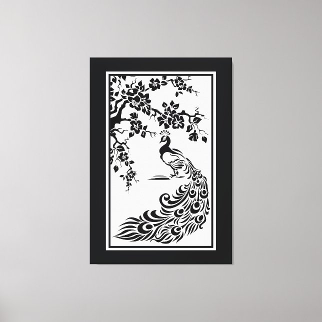 Black white peacock and cherry blossoms custom canvas print (Front)