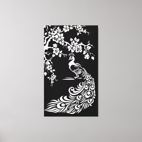 Black white peacock and cherry blossoms custom canvas print