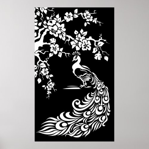 Black white peacock and cherry blossoms poster