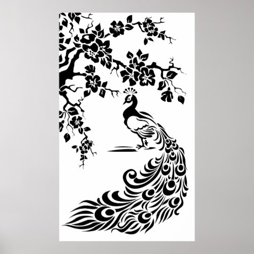 Black white peacock and cherry blossoms poster