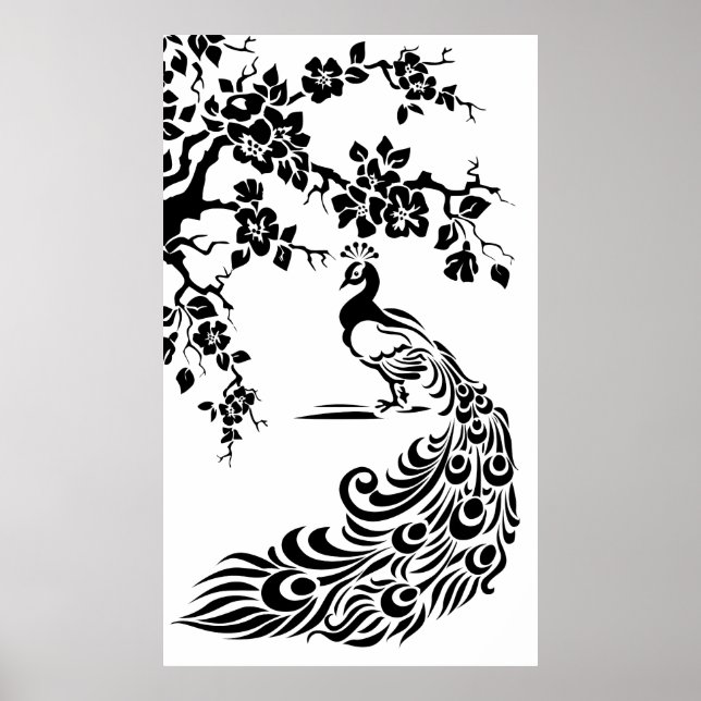Black white peacock and cherry blossoms poster (Front)