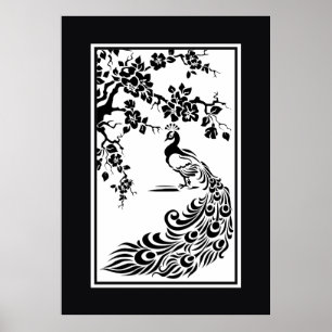 Black white peacock and cherry blossoms poster