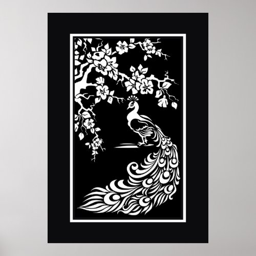 Black white peacock and cherry blossoms poster