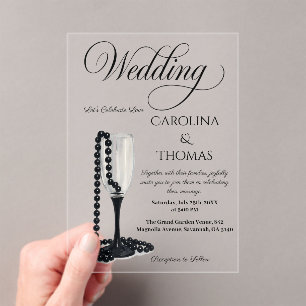 Black & White Pearl Champagne Glass Wedding Acrylic Invitations