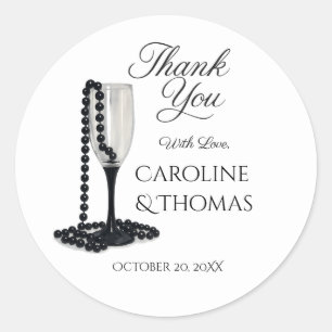 Black & White Pearl Champagne Glass Wedding Classic Round Sticker