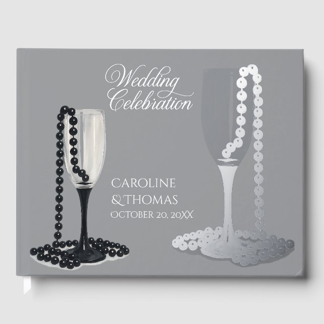 Black & White Pearl Champagne Glass Wedding Foil Guest Book (Front)