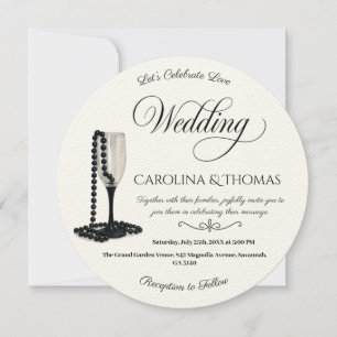 Black & White Pearl Champagne Glass Wedding Invitation