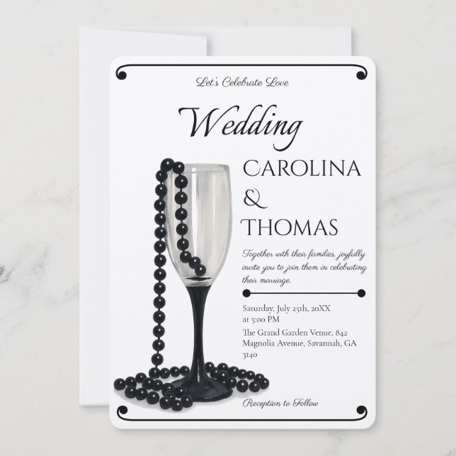 Black & White Pearl Champagne Glass Wedding Invitation (Front)
