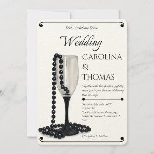Black & White Pearl Champagne Glass Wedding Invitation