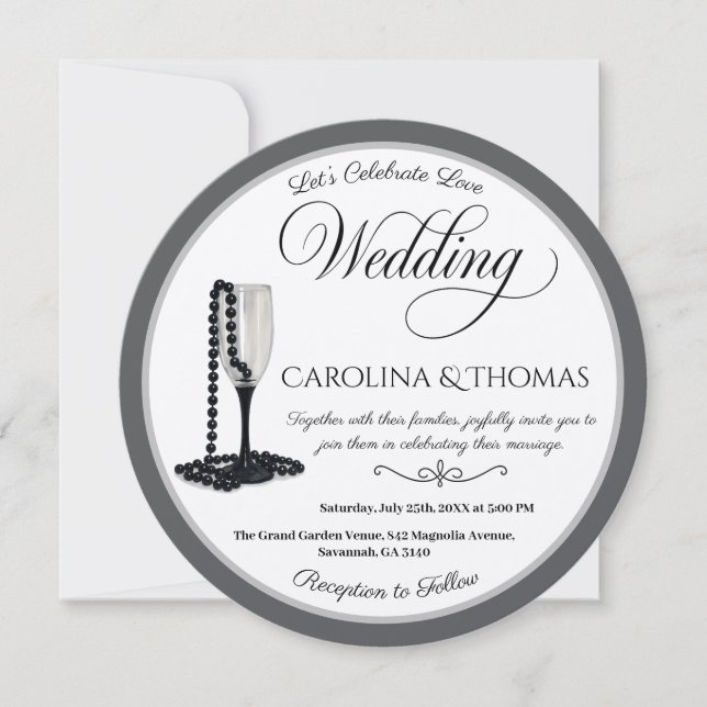 Black & White Pearl Champagne Glass Wedding Invitation (Front)