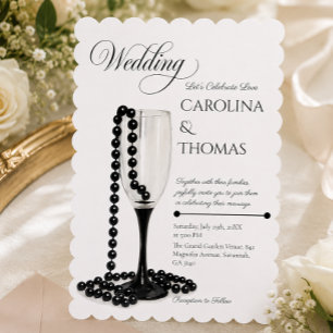 Black & White Pearl Champagne Glass Wedding Invitation