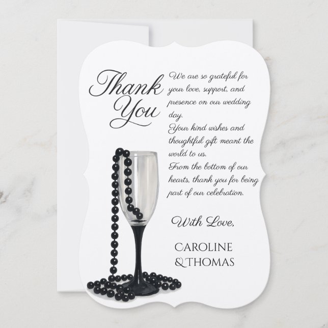 Black & White Pearl Champagne Glass Wedding Thank You Card (Front)