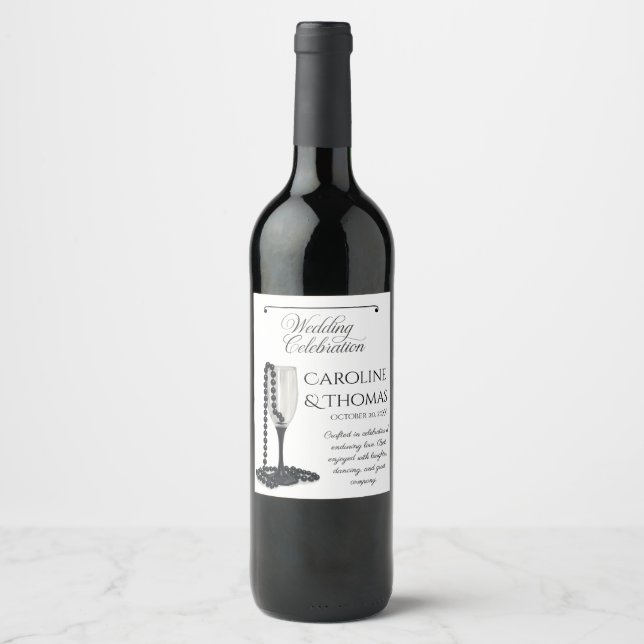 Black & White Pearl Champagne Glass Wedding Wine Label (Front)