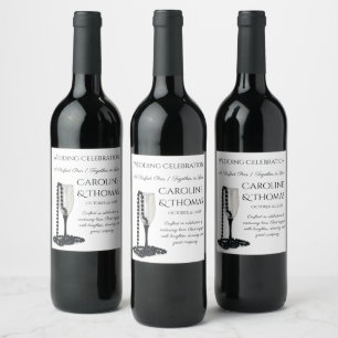 Black & White Pearl Champagne Glass Wedding Wine Label