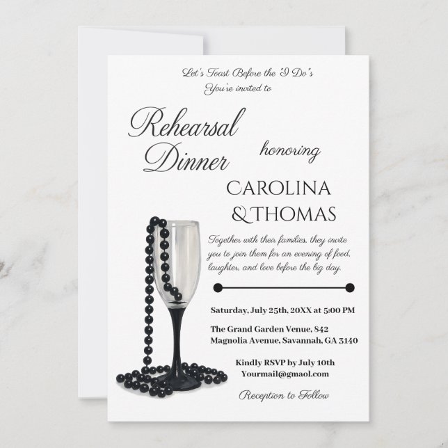 Black White Pearl Champagne Rehearsal Dinner Invitation (Front)