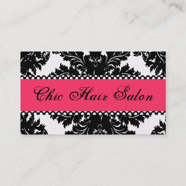 Black & White Pearl PINK Damask Business Card (Front)