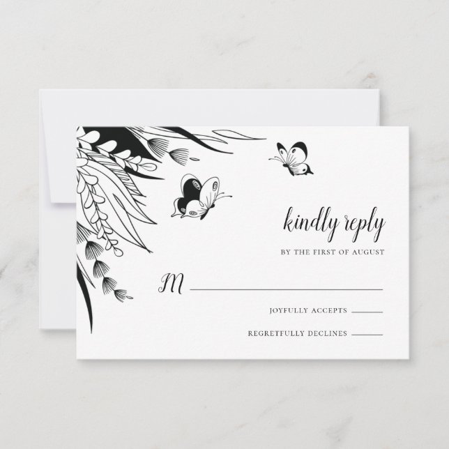 Black White Pen Ink Butterfly Botanical RSVP Card (Front)