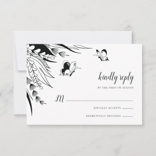 Black White Pen Ink Butterfly Botanical RSVP Card