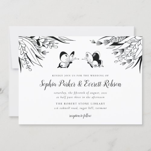 Black White Pen Ink Butterfly Floral Wedding Invitation