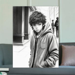 Black & White Pencil Drawing Boy AI Generated Art  Poster