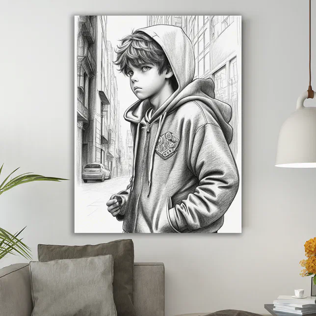 Black & White Pencil Drawing Boy AI Generated Art Poster | Zazzle