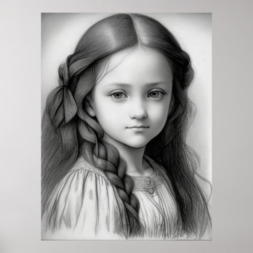 Black  White Pencil Drawing Girl Generative AI  Poster