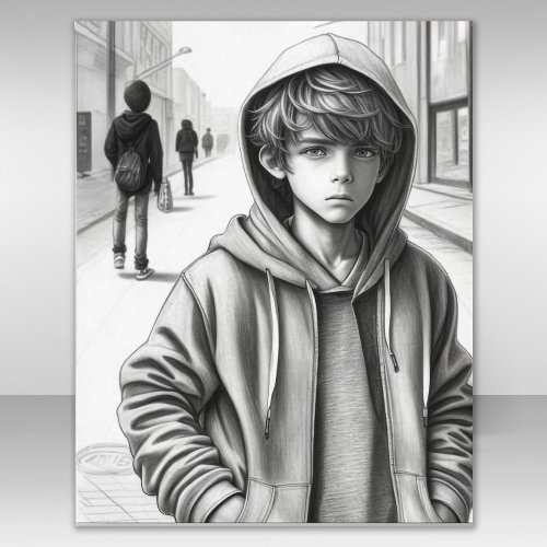 Black  White Pencil Drawing Sad Boy AI Art Poster