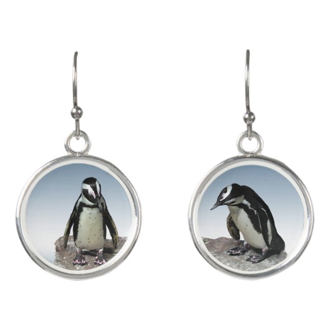 Black White Penguin Birds Drop Earrings (Front)