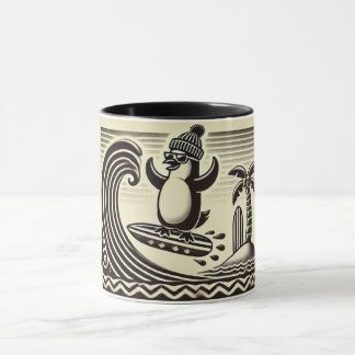 Black White penguin catches a wave Mug