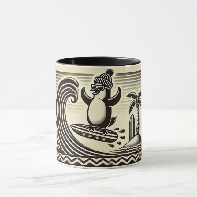 Black White penguin catches a wave Mug (Center)