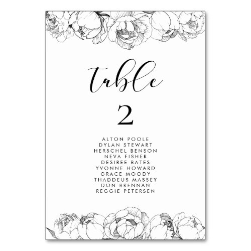 Black  white peonies elegant seating chart cards