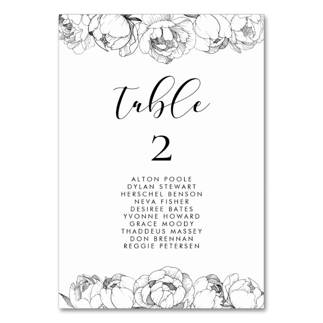 Black & white peonies elegant seating chart cards (Front)