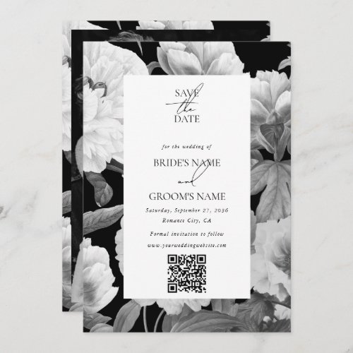 Black  White Peonies Floral Wedding Photo Save The Date