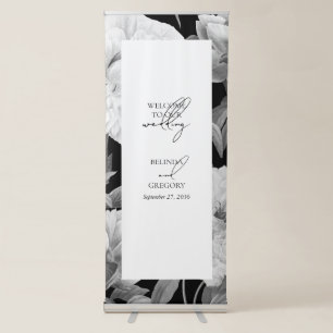 Black & White Peonies Floral Wedding Welcome Retractable Banner