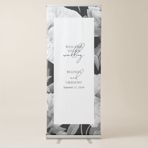 Black  White Peonies Floral Wedding Welcome  Retractable Banner