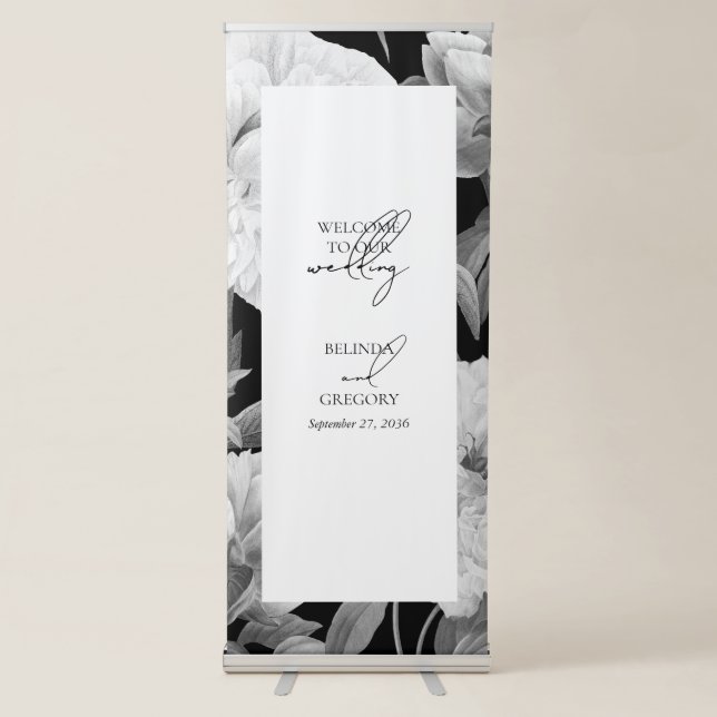 Black & White Peonies Floral Wedding Welcome  Retractable Banner (Front)