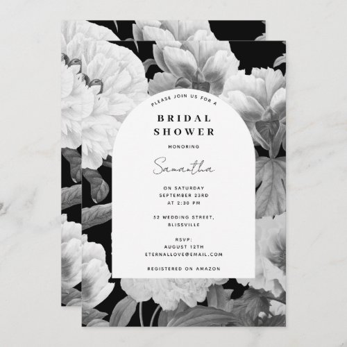 Black White Peonies Watercolor Bridal Shower Invitation