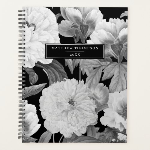 Black  White Peonies Watercolor Floral Album Planner