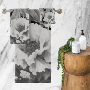 Black & White Peonies Watercolor Floral Bath Towel Set