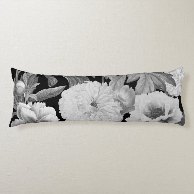Black & White Peonies Watercolor Floral Body Pillow (Front)