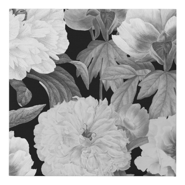 Black & White Peonies Watercolor Floral Faux Canvas Print (Front)