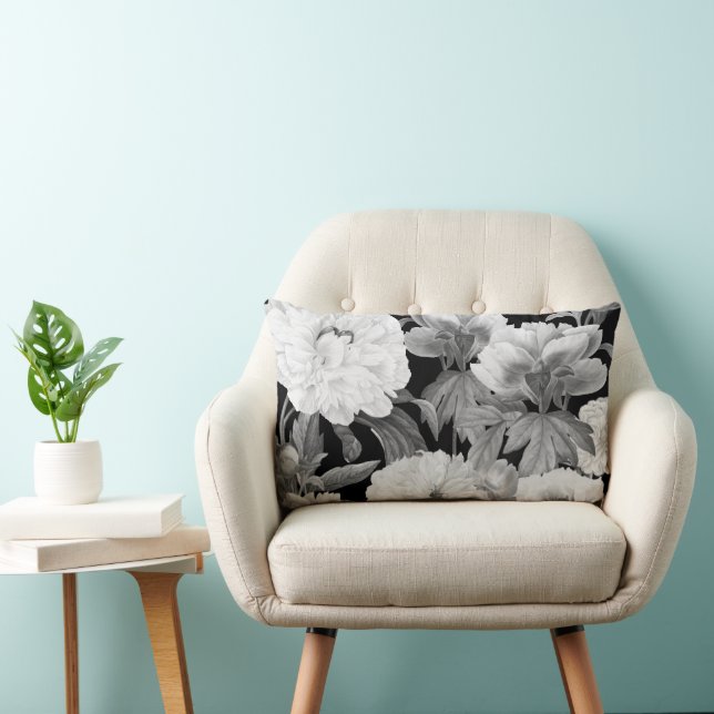 Black & White Peonies Watercolor Floral Lumbar Pillow (Chair)